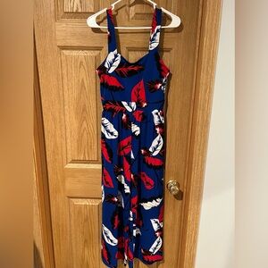 Express Blue Jumpsuit with Red and White Feather Pattern
